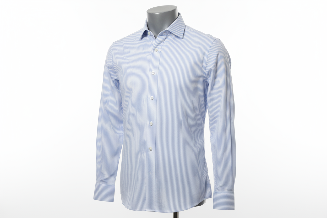 camicia azzurra a righe bianche fini su manichino